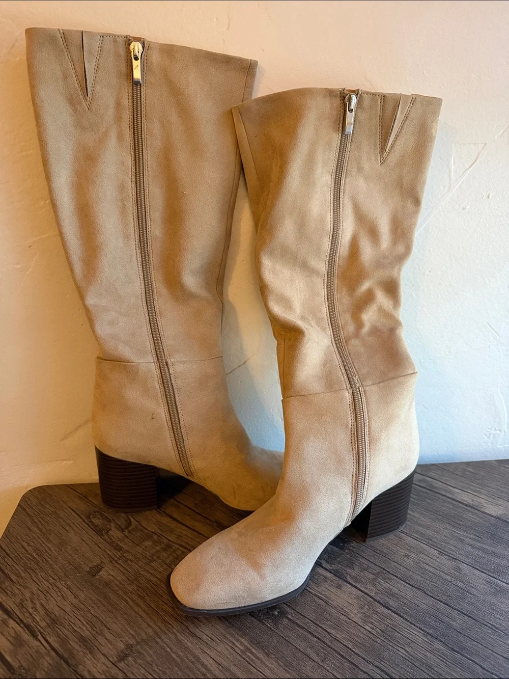 Over-The-Knee Suede Boots in Tan with Stacked Heel